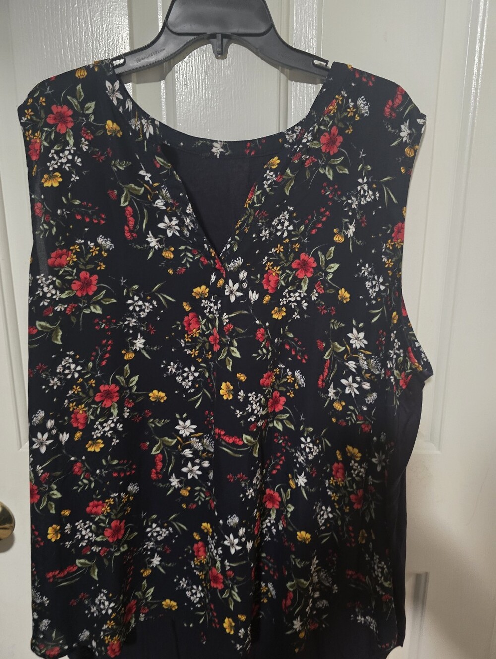 Floral V-Neck Sleeveless Top - Navy with Red & Yellow Flowers